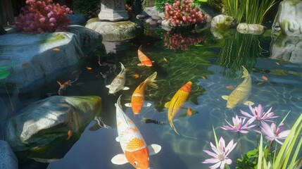 Poster - Colorful koi fish swimming in a tranquil pond surrounded by lush greenery and pink flowers.