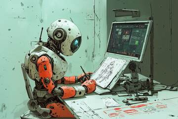 Poster - A detailed illustration of a humanoid robot with orange and white armor, working at a futuristic workstation. The robot is sketching designs on paper while monitoring technical schematics on a screen.