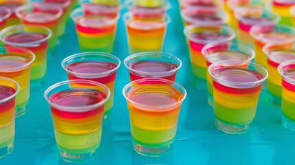 Colorful layered jelly dessert in clear plastic cups on a blue surface.