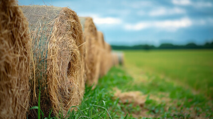 Drying hay bales lined up on a vibrant green field