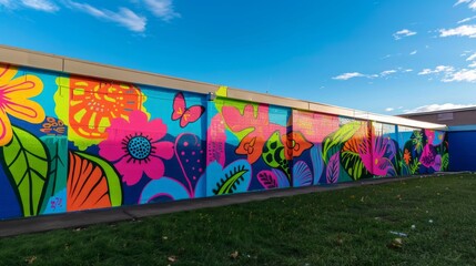 Poster - Colorful mural on a brick wall depicting tropical flowers and leaves.