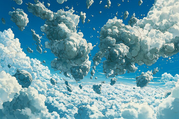 Poster - A breathtaking illustration of a vast sky filled with dynamic, fluffy clouds floating against a deep blue backdrop. The scene captures the grandeur and serenity of the sky in stunning detail.