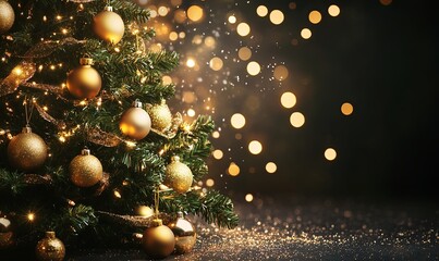 A Christmas tree with gold ornaments and lights