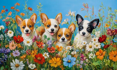 Wall Mural - A painting of four puppies in a field of flowers