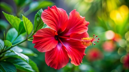 Wall Mural - Red Hibiscus Flower With Green Leaves And Blurred Background