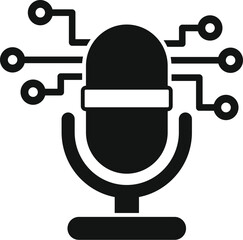 Poster - black glyph icon representing a microphone sending data through a neural network, for voice recognit