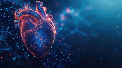 Poster - Abstract digital human heart with holographic elements on a blue background, a technology and medicine concept. Digital data visualization of the healthy organ. Generative AI.