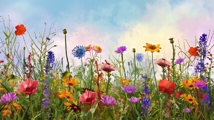 Sticker - Colorful wildflowers bloom in a meadow under a blue sky.