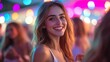 © lnwAI - Cinematic wide shot of a young woman dancing joyfully with friends under vibrant party lights, festive atmosphere