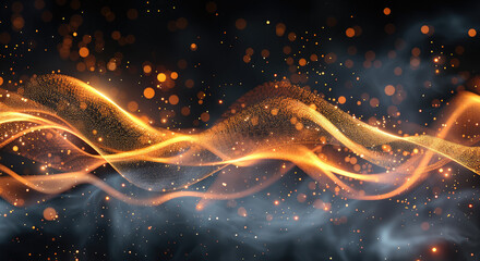 Leinwandbilder - A dark black background with golden and orange flowing lines, technological marvels, bokeh, smokey background. Generative AI.