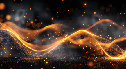 Poster - A dark black background with golden and orange flowing lines, technological marvels, bokeh, smokey background. Generative AI.