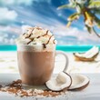 © PuiZera - Creamy chocolate drink with whipped cream and chocolate drizzle on a tropical beach background.