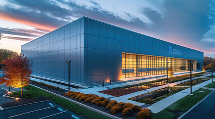 Aufkleber - High-tech, modern data center exterior, clean precast concrete, reflective glass and steel architecture, large scale rectangular footprint, Sleek Modern Style. Generative AI.