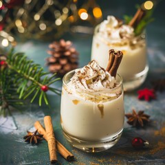 Wall Mural - Creamy holiday beverage with cinnamon sticks and whipped cream.