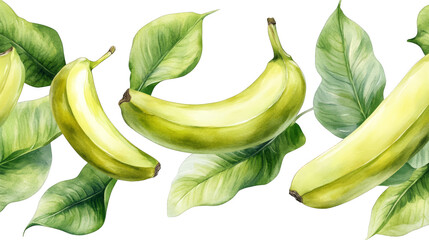 Watercolor Illustration of Bananas with Green Leaves