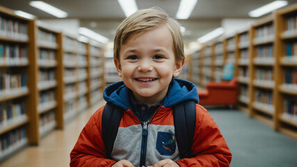 child toddler caucasian boy public library background portrait 