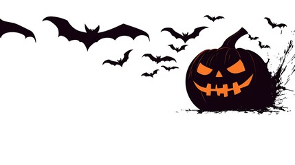 Wall Mural - Frightening Pumpkin with Flying Bats Silhouette on Isolated White Background. 32k,