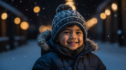 child toddler hispanic boy winter night background portrait 