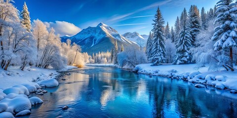 Sticker - Scenic winter landscape with blue river, snow-covered trees, rocks, and mountain in the background