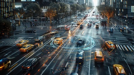 Poster - Smart Traffic System in a Futuristic City, A high-tech cityscape where vehicles move seamlessly thanks to an integrated smart traffic system. Transparent virtual interfaces hover above intersections.