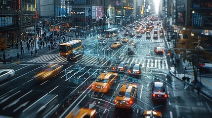 Poster - Smart Traffic System in a Futuristic City, A high-tech cityscape where vehicles move seamlessly thanks to an integrated smart traffic system. Transparent virtual interfaces hover above intersections.
