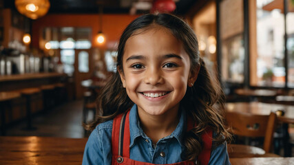 young kid hispanic girl cafe restaurant background portrait 