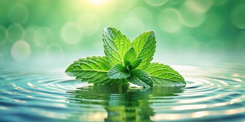 Fresh green mint leaves floating on rippling water surface with soft focus and pastel color tones evoking calmness and serenity