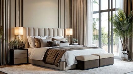 Beautiful luxury bedroom interior with soft, comfortable furnishings, elegant decor, and a serene atmosphere, creating a relaxing and inviting space