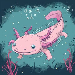 Cute pink axolotl with big eyes swimming in turquoise water.