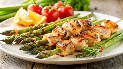 Wall Mural - Close up of a delicious plated meal with asparagus and chicken skewers