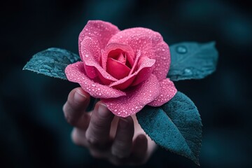 Poster - Pink Rose with Dewdrops Held by Hand