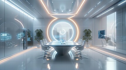 Wall Mural - A futuristic collaborative workspace with holographic meeting rooms and AI-powered tools. Generative AI.