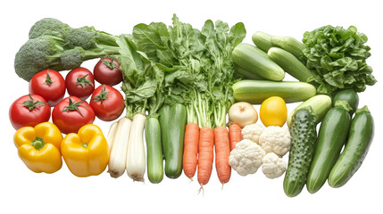 Wall Mural - Fresh vegetables on a white background with tomatoes, peppers, cucumbers, and more.