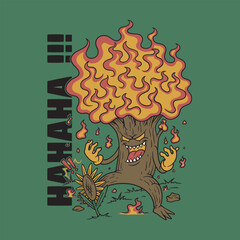 Sticker - retro cartoon emblem of burning crazy tree