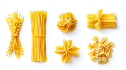 pasta collection isolated on white, set of pasta, italian pasta variety collection, linguine, farfalle, spaghetti, penne