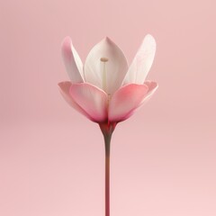 Canvas Print - Delicate pink flower with dew drops on petals against soft pink background.