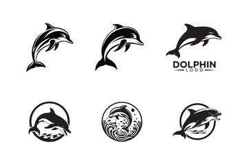 set of dolphin illustration, style silhouette logo design black and white 