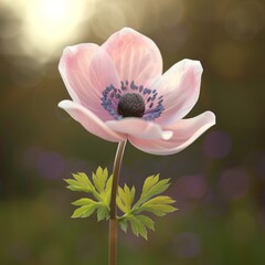 Wall Mural - Delicate pink flower with green leaves, soft light background.