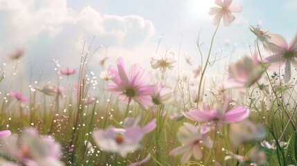 Wall Mural - Delicate pink flowers bloom in a field, bathed in soft sunlight.