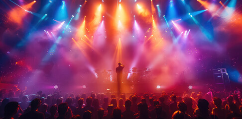 Poster - A vibrant concert stage with passionately under colorful spotlights, surrounded by an energetic crowd. Generative AI.