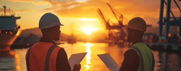 A veteran black worker and a young black worker in a safety vest and hard hat stand side by side at a harbor during sunset, both looking out at the horizon. Generative AI.