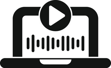 Poster - black and white icon of a laptop playing audio content, featuring a play button and soundwave