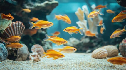 Wall Mural - A group of small, bright fish swimming in an aquarium at Chonburi, Thailand, with a sandy bottom and decorative shells in the background