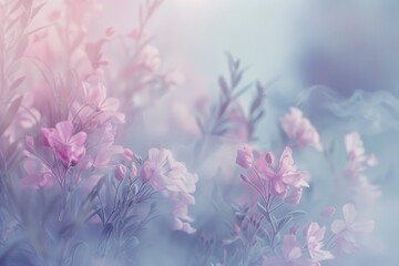 Poster - Pink flowers blurred against a blue backdrop, creating a soft and dreamy aesthetic, Soft, blurred edges creating a dreamy, ethereal feel