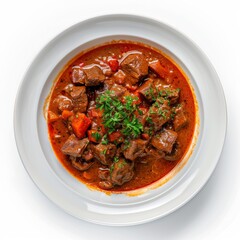 Sticker - Delicious stew with meat, vegetables, and herbs in a white bowl.