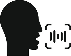 Poster - black silhouette of a man speaking with sound waves into voice recognition software