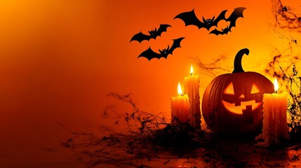 Wall Mural - Eerie Glow of Pumpkin and Candles with Bats on Halloween, Orange Background Theme. 32k,