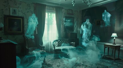 Canvas Print - Eerie spectral figures in a dimly lit room with antique furniture.