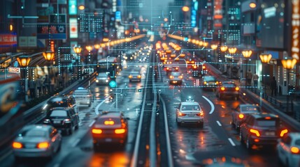 Poster - Smart Traffic System in a Futuristic City, A high-tech cityscape where vehicles move seamlessly thanks to an integrated smart traffic system. Transparent virtual interfaces hover above intersections.