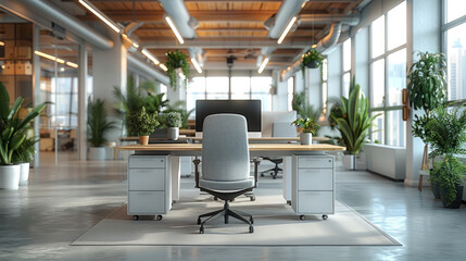 Aufkleber - A modern office with ergonomic furniture, featuring adjustable chairs with lumbar support, height-adjustable desks, keyboards. with sleek furniture arranged to optimize comfort and productivity.